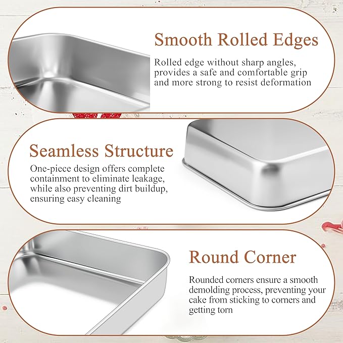 LIANYU Baking Pan Set of 2, 12⅓ x 9¾ x 2 Inch Cake Lasagna Brownies Casseroles Pan, Rectangle Stainless Steel Bakeware Set for Baking Roasting Toaster Oven, Dishwasher Safe