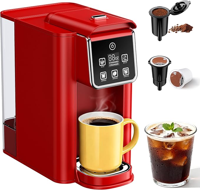 SHARDOR Single Serve Coffee Maker, Hot & Iced Coffee Machine for K Cup and Grounds, 6 to 14 oz Brew Sizes, 50 oz Removable Water Tank, Bold Brew Setting, Pod Coffee Maker with Reusable Filter, Red
