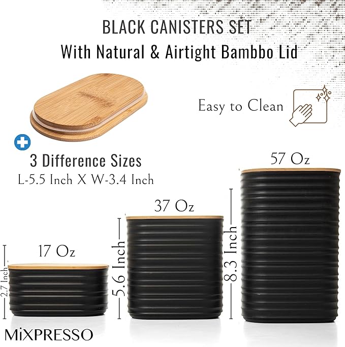 Mixpresso Black Canisters Sets for the Kitchen – 3-Piece Airtight Plastic Sugar Container Set with Bamboo Lids in Three Different Sizes – Decorative Modern Storage Jars for Coffee, Tea & Countertops