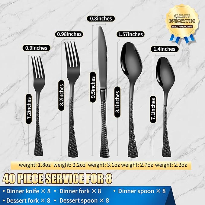 Lemeya Hammered Black Silverware Set for 8,Stainless Steel 40-Piece Modern Cutlery Set,Mirror Polished Heavy Duty Flatware Set Utensil Set,Knives Spoons and Forks Set,Dishwasher Safe