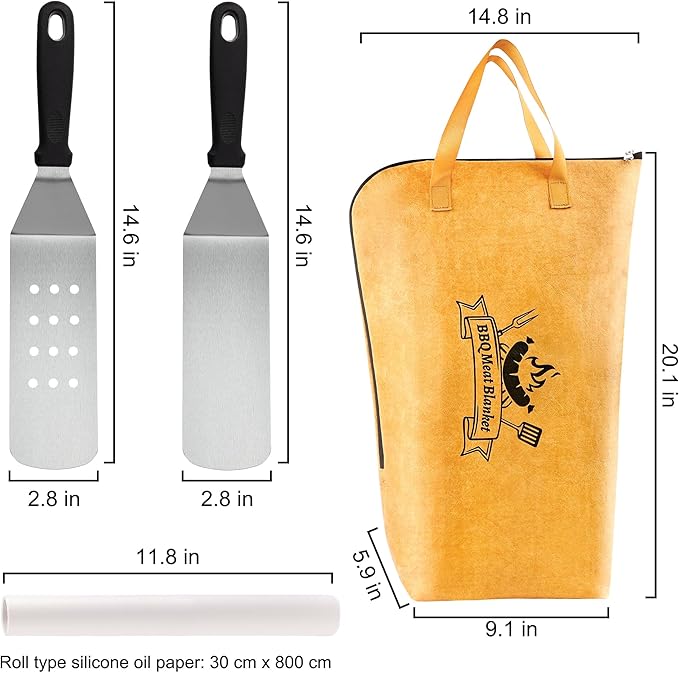 Grilljoy 4PCS BBQ Blanket for Resting Meat - Meat Resting Blanket with Stainless Steel Griddle Spatula & Silicone Oil Paper, for BBQ Lovers, Essential Flattop Grill Accessories