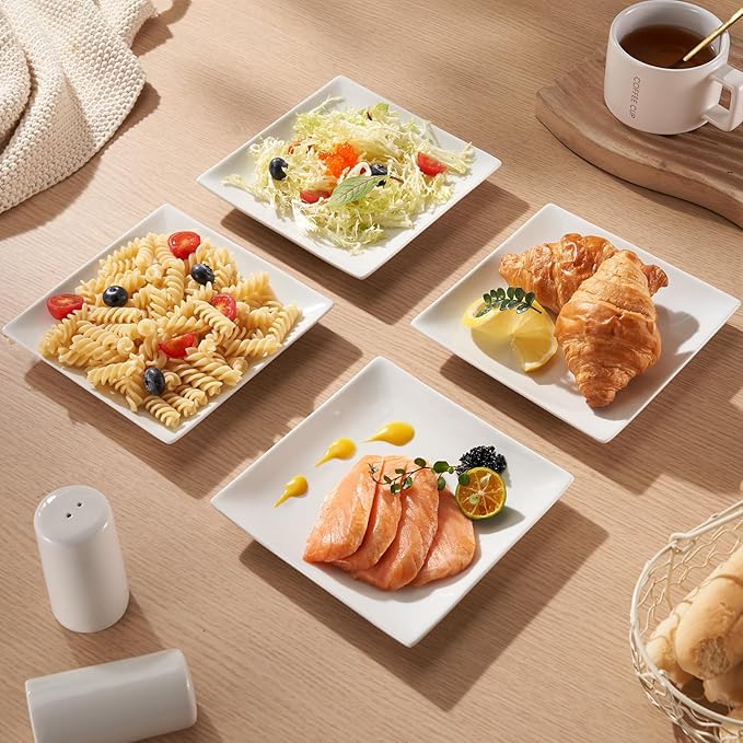Appetizer Plates Set of 6, 6 Inch Porcelain Dessert Plates, White Stackable Square Salad Plates for Snack Steak Bread Butter, Chip and Scratch Resistant, Microwave and Dishwasher Safe