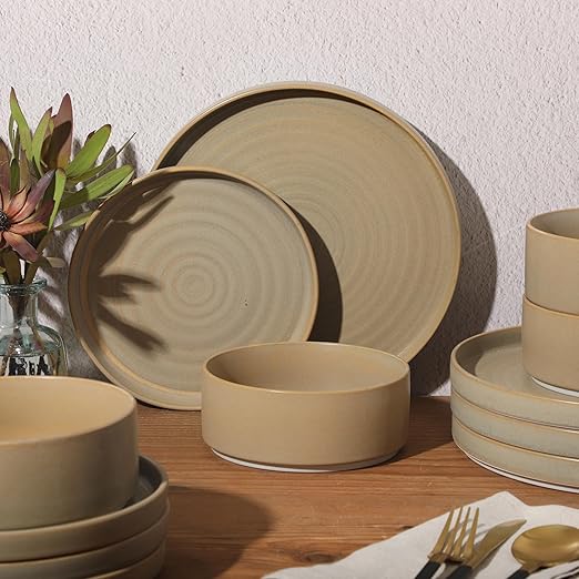 Gibson Elite Echo Bay 12 Piece Porcelain Reactive Glaze (Service for 4) Ceramic Plates and Bowls Modern Stackable Dinnerware Set - Green