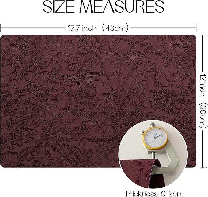 Romanstile Vinyl Placemats Set of 4-12 X 18 Inch - Heat Resistant Non-Slip Embossed Floral Place Mats 100% Waterproof Oilproof Wipeable Faux Leather Table Mats for Kitchen/Dining/Party, Burgundy