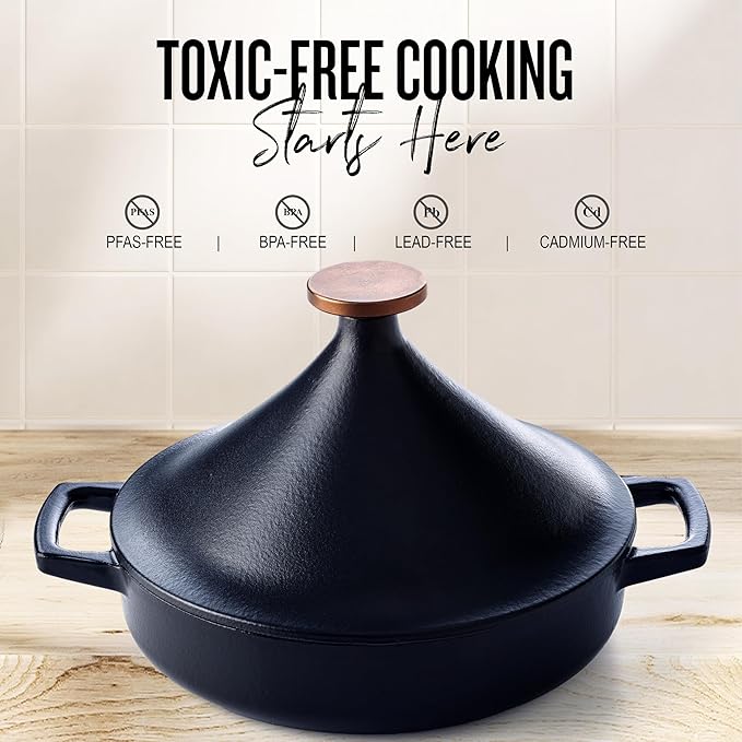 Alva Nori 3-Qt Enameled Cast Iron Tagine – Made With No PTFE, PFOA, PFAS, Oven & Induction Safe – 3-Layer Enamel, No Seasoning Needed – Moroccan-Style Dutch Oven for Braising, Stewing & Roasting, Black