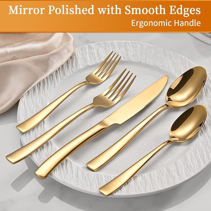 20-Piece Gold Silverware Set, Heavy Duty Stainless Steel Flatware Cutlery Set Service for 4, Food-Grade Utensil Sets for Home Restaurant, Dishwasher Safe