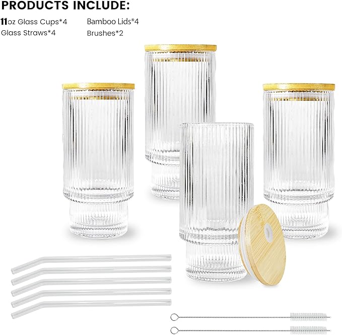 4 Pcs 11 oz Drinking Glasses Cups Set with Bamboo Lids Straws Brush Ribbed Vintage Glassware Set for Tea Iced Coffee Beer Cocktail Whiskey(Ribbed*4)