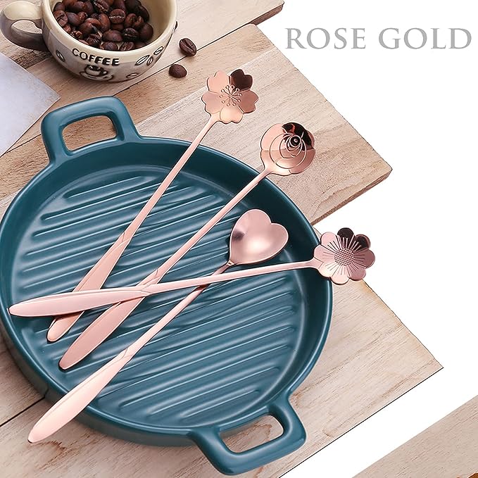 9 Pcs Flower Spoon Coffee Teaspoon Set, ESRISE Stainless Steel Tea Spoon for Tea Party Decorations (Rose Gold)