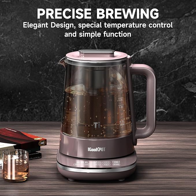Titanium Hot Tea Maker Glass Electric Kettle with Infuser and Temperature Control,1.5L Tea Maker & 1500W Rapid Boiling,Programmable Control for your Favorite Teas and Coffee-Brown