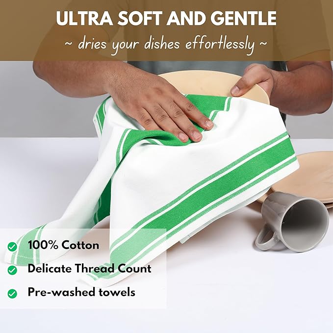 Native Fab Green Kitchen Towels 18 x 28 Inch, 4 Pack, Wide Stripe, Super Absorbent, Fast Dry, Soft, Cotton Dish Towels for Wiping Hands, Drying Dishes, Counter Cleaning Dish Cloth Set - Green