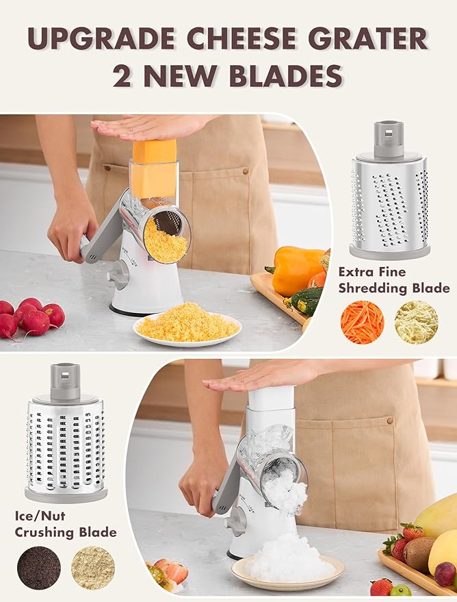GDL Rotary Cheese Grater, Upgraded 5-in-1 Cheese Grater Hand Crank, Multi-purpose Cheese Shredder with Handle, Vegetable Slicer Cutter Ice Shaver for Potato, Carrot, Nuts, Chocolate