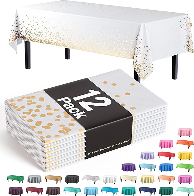 Exquisite Party Solids Black & Gold Dot Rectangular Plastic Tablecloth - 54x108 Inch, 12 Pack