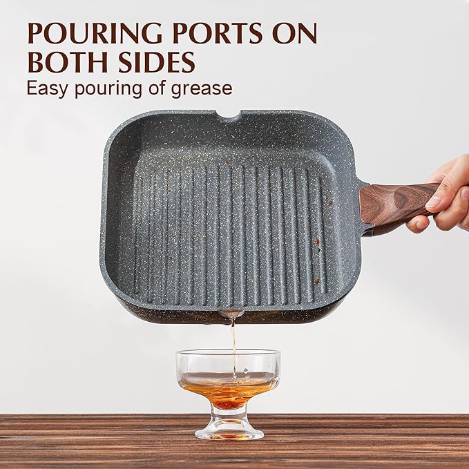 SENSARTE Nonstick Grill Pan for Stove Tops, Versatile Griddle with Pour Spouts, Square Big Cooking Surface, Durable Skillet Indoor & Outdoor Grilling. PFOA Free,12Inch