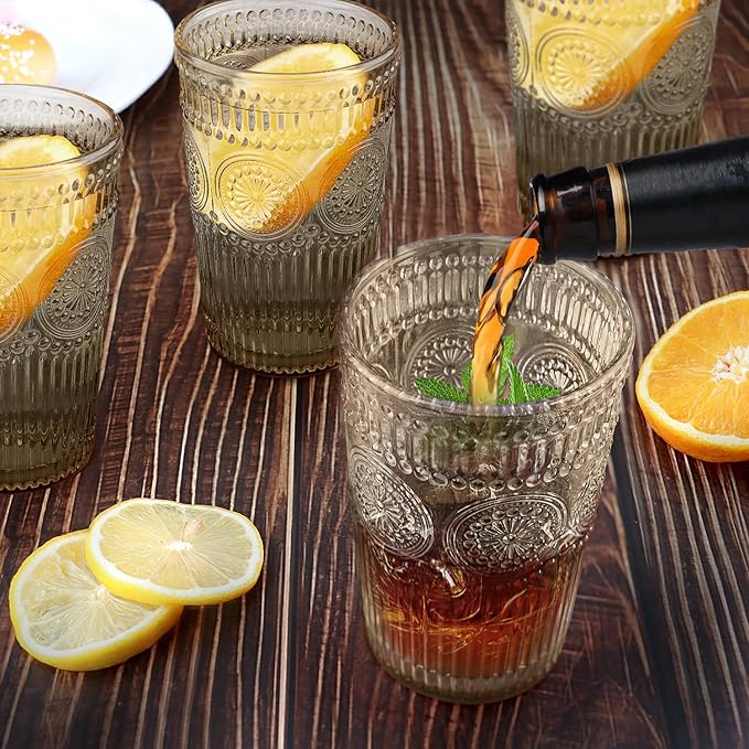 6pcs Vintage Drinking Glasses Set, 12 oz Tawny Highball Glasses, Embossed Ribbed Glassware Cups for Cocktail, Water, Juice, Coffee, Whiskey