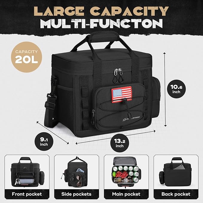 Maelstrom Large Tactical Lunch Box for Men,Insulated Lunch Bag, Durable Leakproof Cooler Bags with Detachable MOLLE Bag,Modern Lunch Tote for Adult Women Work,Picnic,30 Cans/20 L, Black