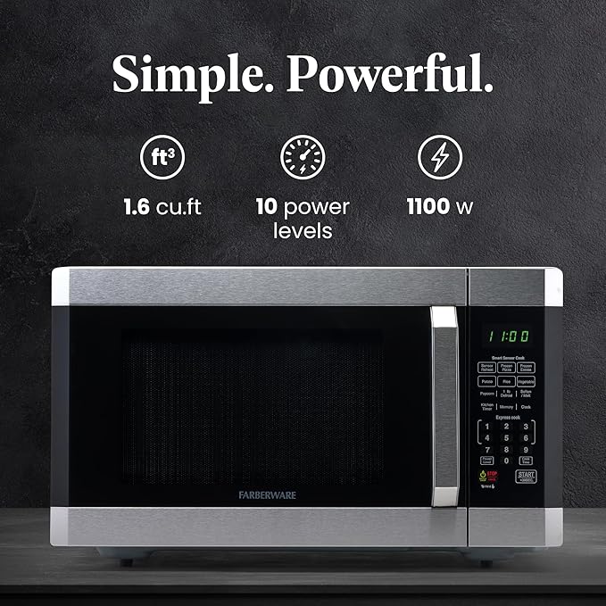 Farberware Countertop Microwave 1100 Watts, 1.6 cu ft - Smart Sensor Microwave Oven With LED Lighting and Child Lock - Perfect for Apartments and Dorms - Easy Clean - Stainless Steel