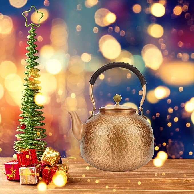 Funmaker Handmade Solid Copper Tea Pot Kettle Stovetop Teapot Thick Hammered Copper Tea Pot Kettle Stovetop Teapot Made for gasstove tops pure copper kettle (Type 7-2200ml)