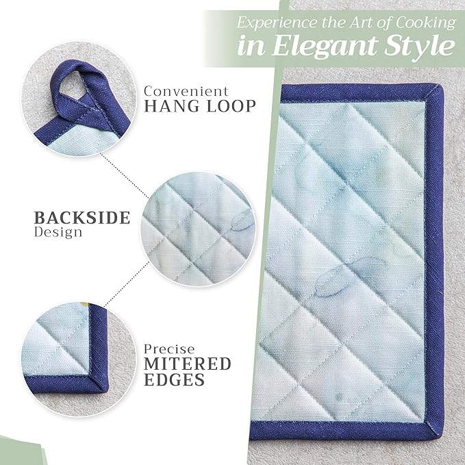 Maison d' Hermine Pot Holders set 100% Cotton Heat Resistant Potholders 8" x 8" Hot Pads with Loop BBQ, Cooking, Baking, Grilling, Kitchen, Handling Hot Pan Spring/Summer (Pack of 2, Lazy Summer Days)