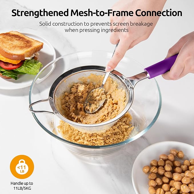 U-Taste Medium Fine Mesh Strainer: 18/8 Stainless Steel 4.73in 30 Mesh Kitchen Food Sieve with Sturdy Riveted Silicone Handle, Heavy Duty Deep Handheld Metal Colander for Rice, Quinoa, Flour (Purple)