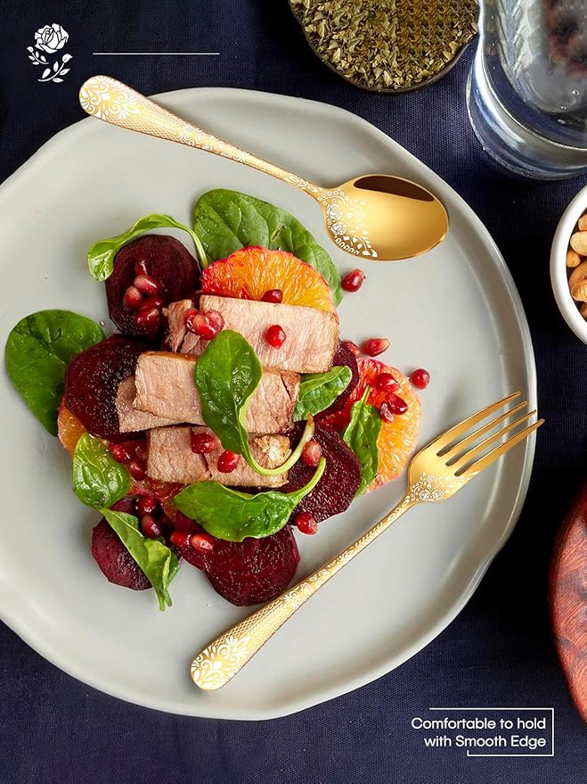 EUIRIO 24-Piece Gold Silverware Set with Steak Knives, Stainless Steel Flatware Set for 4, Mirror Gold Cutlery with Unique Floral Laser, Includes Spoons, Forks, Knives, Dishwasher Safe