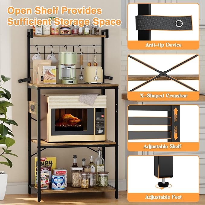 YESHOMY Kitchen Baker’s Rack with Power Outlet, 4-Tier Microwave Stand, Coffee Bar with 5 S-Shaped Hooks, Heavy Duty Storage Shelf Unit for Spices, Pots, Rustic Brown