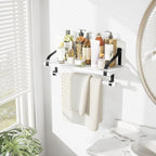 Love-KANKEI Floating Shelf Wall Shelf for Storage Rustic Wood Kitchen Spice Rack with Towel Bar and 8 Removable Hooks for Organize Cooking Utensils or Mugs White