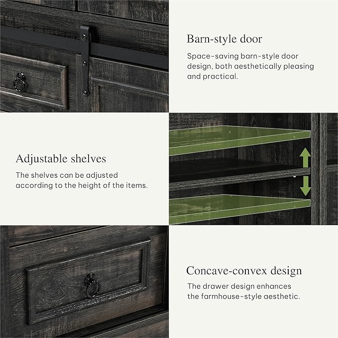 DWVO Kitchen Pantry Storage Cabinet with Barn Door, Tall Storage Cabinet with 4 Drawers and Adjustable Shelves, Versatile Storage for Living Room, Dining Room or Hallway, Drak Oak