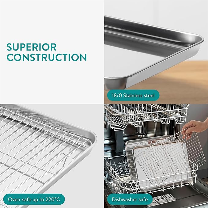 Navaris Quarter Sheet Baking Pan Breading Trays w Racks - Stainless Steel Baking Sheet with Wire Rack Insert for Oven Cooking - Cookie Bacon Tray - Set of 4 12.2X 9.4” (31x24cm)