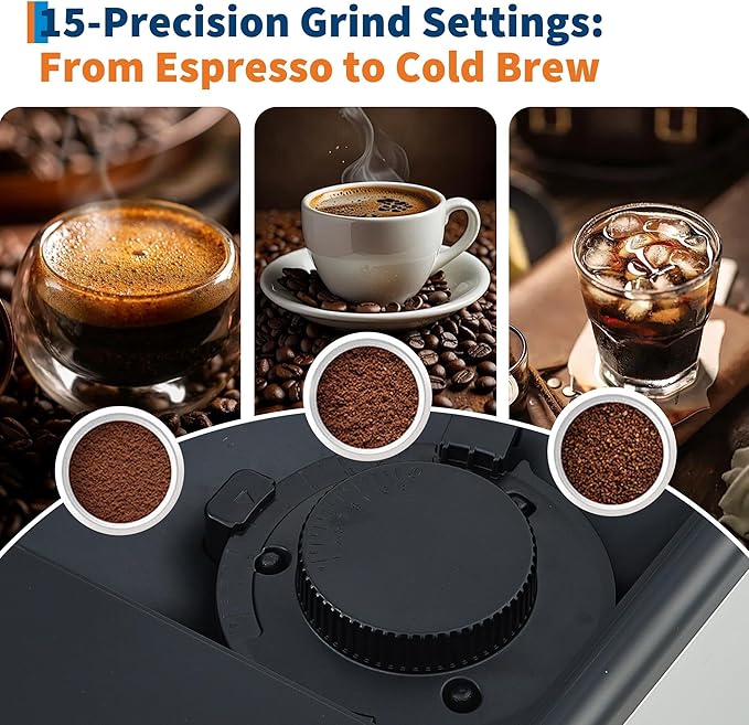 3rd-Gen Espresso Coffee Maker with Milk Frother, Removable Brewer and Grinder, Adjustable Coarseness and Flavor, 3-Level Coffee and Milk Volume Control, Detachable Milk Tank