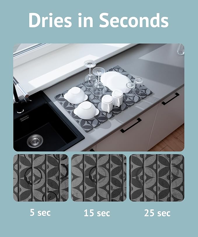 Large Stone Drying Mat for Kitchen Counter, 23.6" x 15.3" Quick Dry Foldable Diatomaceous Earth Dish Drying Mat, Stain-Hiding Design, Eco-Friendly Large Sink Mat for Dishes and Utensils