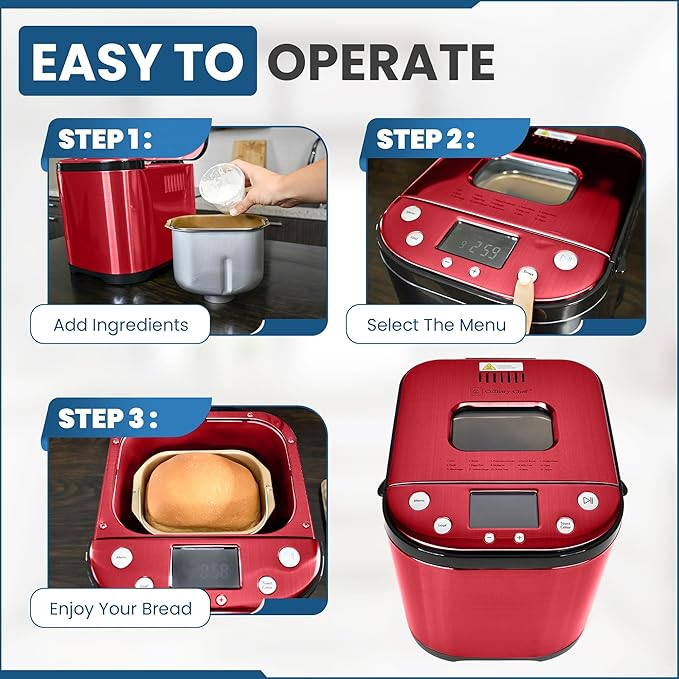 CULINARY CHEF Bread Maker Machine with Nonstick Bowl, Bread Hook, Measuring Cup & Spoon. 15-in-1, Gluten-Free Bread, Cake& Yogurt, 3 Crust Colour options and more. 3 Loaf Sizes. 2LB XL-RED