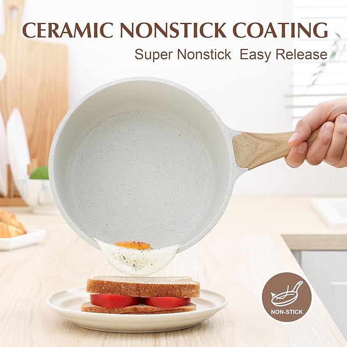 SENSARTE White Ceramic Nonstick Saucepan with Lid 1.5 Quarts, Small Cooking Pot with Stay Cool Handle, Induction Compatible Saucepot, White Granite Coating, Free of Intentionally Added PTFE/PFOA/PFAS