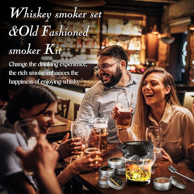 Electric Whiskey Smoker Kit with 6 Flavors Wood Chips, Rechargeable Cocktail Smoker Kit, No Butane Required (Built-in Lighter), Old Fashioned Drink Smoker Kit, Birthday Gifts for Men, Dad, Husband
