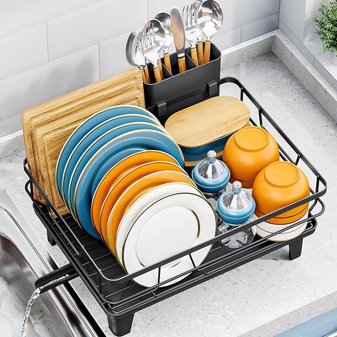 Dish Drying Rack for Kitchen Counter, Space-Saving Dish Rack, Multifunctional Dish Drainer Rack, Sink Kitchen Dishes Strainer, Dryer Rack with Drain Board, and Cutlery Holder,Small Size Black