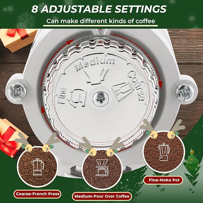 Burr Coffee Grinder Electric Espresso Grinder Commercial & Homeuse Silent Small Coffee Bean Grinder with Hopper Adjustable Grind, With Brush, Spoon, White