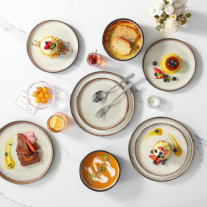 vancasso Plates and Bowls Sets, 24 Pieces Stoneware Dinnerware Sets for 8, Kitchen Dish Set Mircowave and Dishwasher Safe Dinner Set Ceramic Dishware, Light Cream, Series AMBER