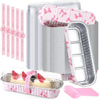 Tioncy 50 Pcs Mini Pink Bow Loaf Pans with Lids Spoons Sticker Cute Pink Bow 6.8oz Disposable Rectangle Aluminum Foil Baking Pans Muffin Cupcake Cups for Picnics Wedding Birthday Baby Shower