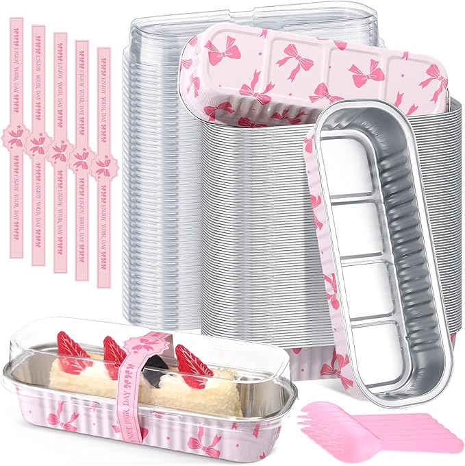 Tioncy 50 Pcs Mini Pink Bow Loaf Pans with Lids Spoons Sticker Cute Pink Bow 6.8oz Disposable Rectangle Aluminum Foil Baking Pans Muffin Cupcake Cups for Picnics Wedding Birthday Baby Shower
