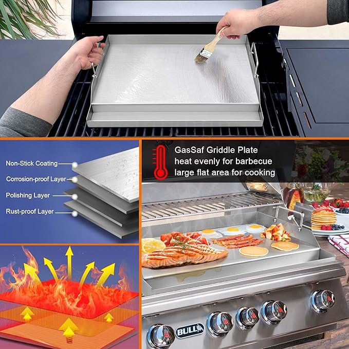 GasSaf Universal Stainless Steel Griddle for Gas Grills and Gas Stove, 18 x 12.5 Griddle Plate for Outdoor Camping, Tailgating, Parties, Flat Plate for Weber Chargriller Charbroil and More Grills