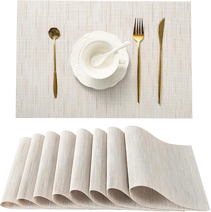 Leetaltree Pale Beige Placemats Set of 8 - Heat Resistant Non-Slip Place mats for Dining Table, Washable Durable PVC Vinyl Woven Table Mats（Pale Beige, 8）