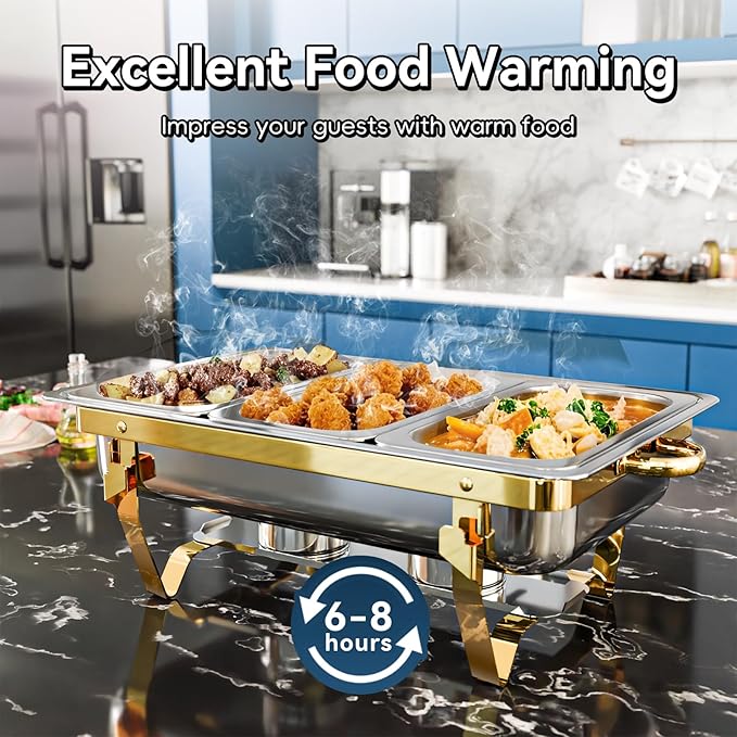 9Qt 4 Pack [Multiple Food Pans Combo] Chafing Dishes for Buffet | High Grade [Durable and Hard] Chafing Dish for Parties, Events & Weddings, Indoors & Outdoors, Gold