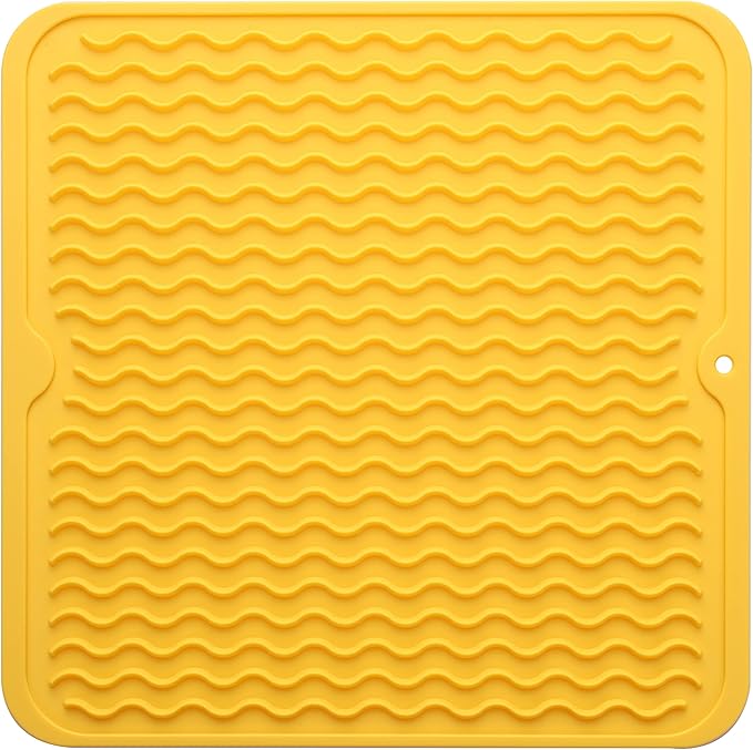 Silicone Dish Drying Mat for Multiple Usage,Easy clean,Eco-friendly,Heat-resistant Silicone Mat for Kitchen Counter or Sink,Refrigerator or Drawer liner Yellow M 12 inches x 12 inches