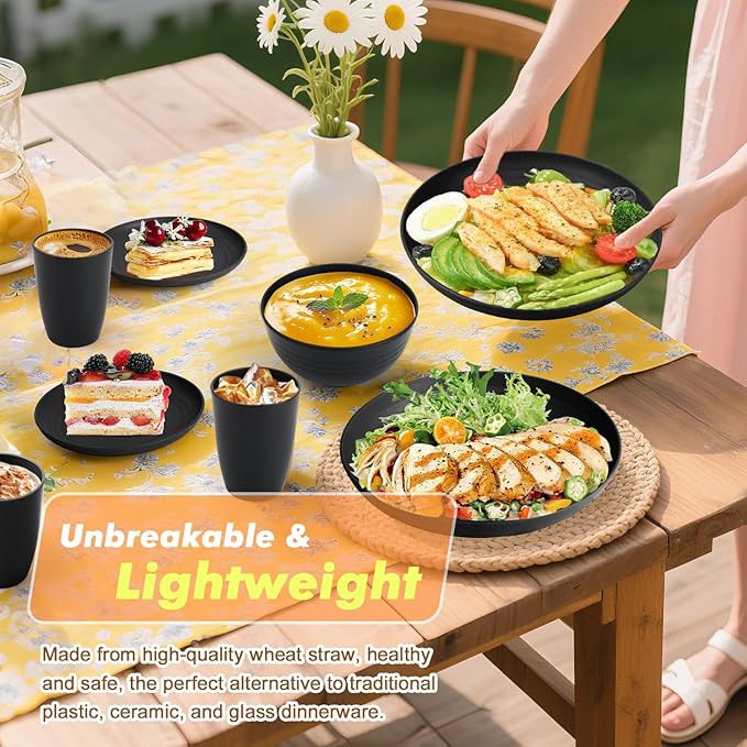 Homienly Wheat Straw Plates and Bowls Sets, Dishes Set for 8, Wheat Straw Dinnerware Set for Kitchen 32-Piece - Deep Plates Sets, Cereal Bowls with Drinking Cups, Microwave and Dishwasher Safe, Black