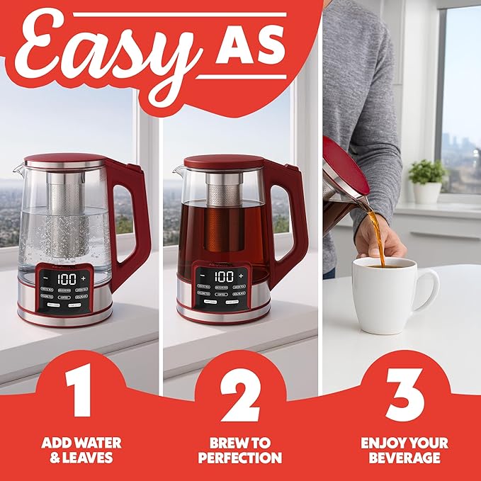 Gourmia Electric Programmable Glass Kettle – 1.7L Temperature Control Tea & Coffee Kettle with Digital Touch Display, 6 Presets, Keep Warm, Removable Stainless Steel Infuser, 360° Swivel Base – Red