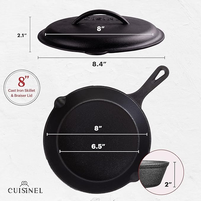 Cuisinel Cast Iron Skillet with Lid - 8"-inch Pre-Seasoned Covered Frying Pan Set + Silicone Handle and Lid Holders + Scraper/Cleaner - Indoor/Outdoor, Oven, Camping Fire, Grill Safe Kitchen Cookware