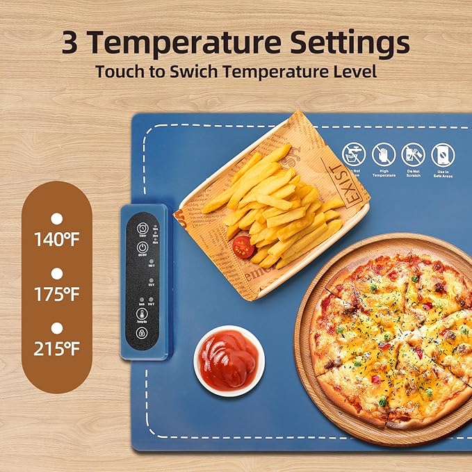Food Warming Mat Electric Heating Tray for Buffets and Parties 3 Adjustable Temperature Settings from 40 to104 Degrees Fast Heating in 10 Seconds Child Safety Lock Easy to Clean (Blue)