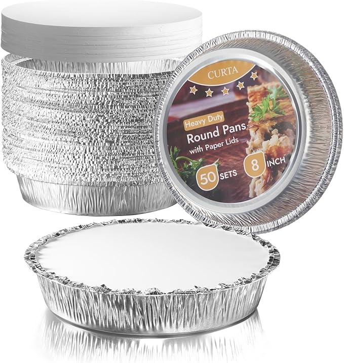 CURTA 50 Pack 8" Disposable Aluminum Foil Pans with Paper Lids | Great for Broiling, Baking, Storage, Roasting, Takeout, Air Fryer