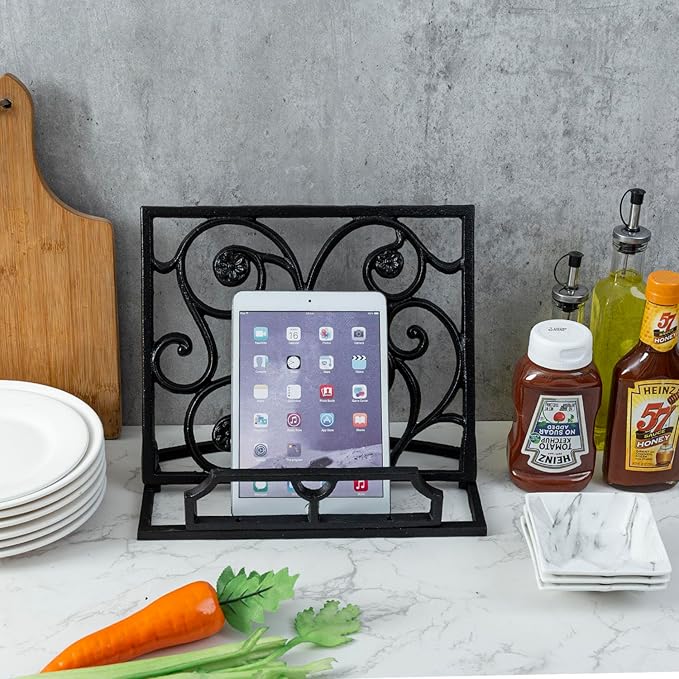 MyGift Black Metal Cookbook Holder Stand with Decorative Cookbook Word Cutout and Tree Silhouette Design, Countertop Recipe Book Tablet Easel Holder with Folding Kickstand (Art Deco)