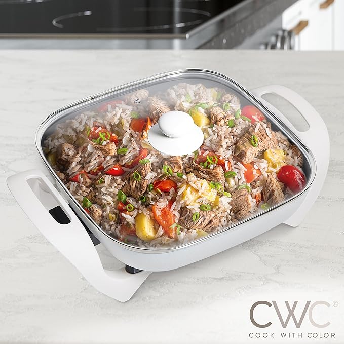 COOK WITH COLOR Electric Skillet - 12" x 12" Ceramic Nonstick Pan, PFAS-Free, 1400W, Tempered Glass Lid, Variable Temperature, Removable Heating Probe, Cool-Touch Handles, Cream