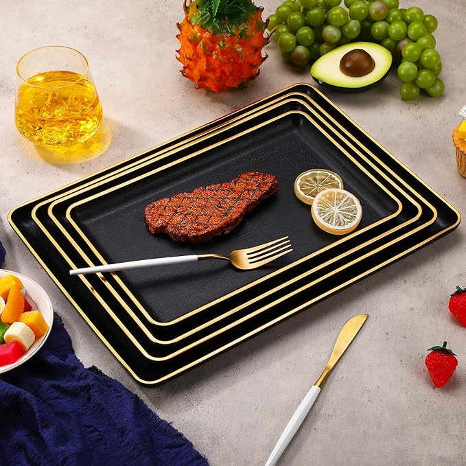 Rtteri Set of 4 Large Serving Platter Set 15/14/13/12 Inch Heavy Plastic Serving Trays Unbreakable Rectangular Platter Reusable Wood Grain Tray for Buffet Wedding Christmas Party(Black and Gold)